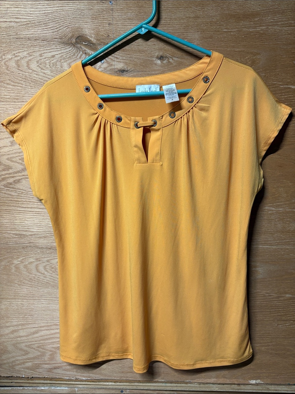 Linda Leal Golden Yellow Short Sleeve Top with Studded Rhinestones Neckline